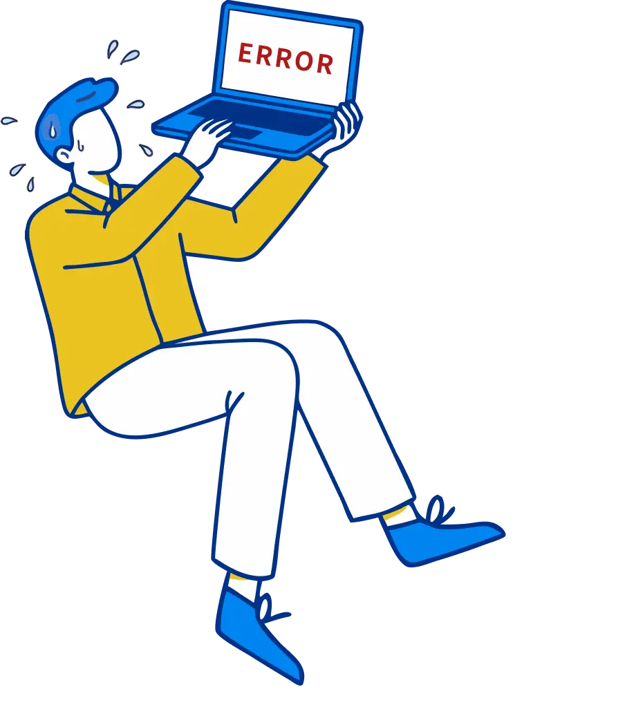 ERRORと表示されたノートPCを抱えて焦るビジネスパーソンのイラスト