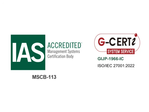 IAS ACCREDITED（MSCB-113）およびG-CERTi（GIJP-1966-IC / ISO/IEC 27001:2022）の認証ロゴ